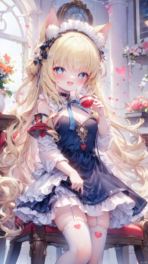 from below,queen elizabeth (azur lane),Little girl(1.5),aged down,beautiful detailed girl,narrow waist,(very small breasts),Delicate cute face,choker,maid,maid apron,frilled apron,maid headdress,blue dress,official alternate costume,fine fabric emphasis,ornate clothes,off shoulder,open clothes,torn dress,sabotaged clothes,torn clothes,broken clothes,torn shirt,blue eyes,beautiful detailed eyes,Glowing eyes,((half-closed eyes,heart-shaped pupils)),((blonde hair)),((hair spread out)),very long shoulder,glowing hair,Extremely delicate hair,Thin leg,white legwear garter,black footwear,Slender fingers,steepled fingers,shiny nails,(sitting on chair,holding teacup,open book on knees),ahegao(expression),smile,:3,drooling,fangs out,big fangs,puffy cheeks,beautiful detailed mouth,looking down at viewer,bow(ornament),window,table,hyper realistic,magic,8k,incredible quality,best quality,masterpiece,highly detailed,extremely detailed CG,cinematic lighting,backlighting,full body,high definition,detail enhancement,(perfect hands, perfect anatomy),8k_wallpaper,extreme details,colorful
