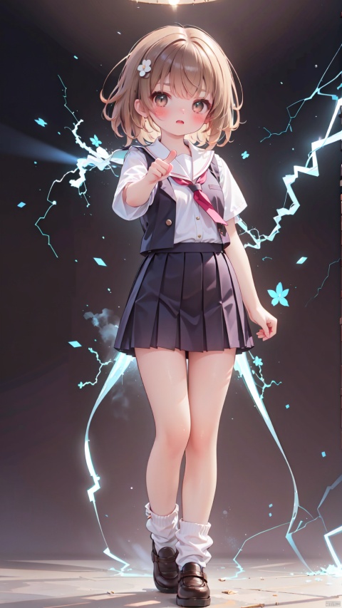 lightning background,misaka mikoto,Little girl(1.5),aged down,beautiful detailed girl,Glowing skin,steaming body,narrow waist,(very small breasts),Delicate cute face,blush sticker,blush,(tokiwadai school uniform),sweater vest,White shirt,electric arc surrounds the entire body,Body releases lightning outward,Purple electric arc injected into the girl's body,fine fabric emphasis,brown eyes,beautiful detailed eyes,Glowing eyes,((raised eyebrow,tsurime)),((brown hair)),((hair spread out,floating hair)),short hair,glowing hair,Extremely delicate hair,Thin leg,white loose socks,brown footwear,Slender fingers,steepled fingers,shiny nails,(beautiful detailed hands),((pointing at viewer,spell,electricity Surrounding Hand,Hand emitting electricity)), >:((expression),raised eyebrow,scowl,v-shaped eyebrows,clenched teeth,scowl at viewer,beautiful detailed mouth,lightning(ornament),bedroom,bed,too many electricity,hyper realistic,magic,4k,incredible quality,best quality,masterpiece,highly detailed,extremely detailed CG,cinematic lighting,light particle,backlighting,full body,high definition,detail enhancement,(perfect hands, perfect anatomy),8k_wallpaper,finely detailed,extreme details,colorful