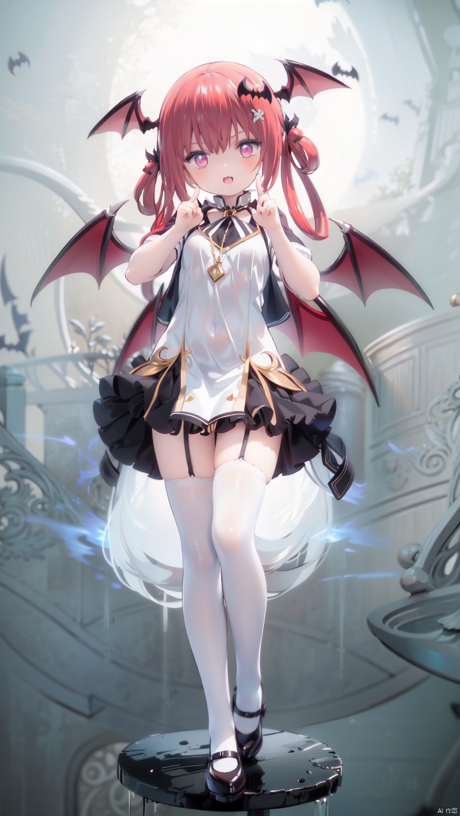 card background, Satanichia Kurumizawa Mcdowell,loli,beautiful detailed girl,narrow waist,very small breasts,Glowing skin,Delicate cute face,demon horns,bat wings,fine fabric emphasis,ornate clothes,red eyes eyes,beautiful detailed eyes,glowing eyes,(raised eyebrow),((red hair)),((long hair,bat wings hair ornament)),Glowing hair,Extremely delicate hair,Thin leg,white legwear garter,beautiful detailed fingers,Slender fingers,steepled fingers,Shiny nails,standing,((art shift,victory pose)),mischievous smile(expression),open mouth,tongue out,fangs out,beautiful detailed mouth,looking at viewer,bat wings(ornament),garden,hyper realistic,magic,8k,incredible quality,best quality,masterpiece,highly detailed,extremely detailed CG,cinematic lighting,backlighting,full body,high definition,detail enhancement,(perfect hands, perfect anatomy), detail enhancement