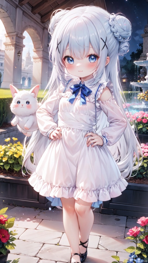  kafuu_chino,1girl,petite child(1.5),aged down,extremely delicate and beautiful girls,narrow waist,((very small breasts)),Glowing skin,Delicate cute face,blush sticker,blush,enmaided,puffy long sleeves,blue dress,white shirt,blue bow,rabbit shoulder bag,fine fabric emphasis,ornate clothes,blue eyes,beautiful detailed eyes,Glowing eyes,((tsurime)),((Silver blue hair)),((braided bun,x hair ornament)),very long hair,Glowing hair,Extremely delicate hair,Thin leg,white pantyhose,Slender fingers,steepled fingers,beautiful detailed hands,mischievous smile(expression),standing,hands on hips,looking down at viewer,:3,puffy cheeks,Raising the corners of the mouth,beautiful detailed mouth,stuffed bunny(ornament),garden,fountain,hyper realistic,magic,8k,incredible quality,best quality,masterpiece,highly detailed,extremely detailed CG,cinematic lighting,backlighting,full body,high definition,detail enhancement,(perfect hands, perfect anatomy),8k_wallpaper,colorful, kafuu_chino, loli, mirrornun