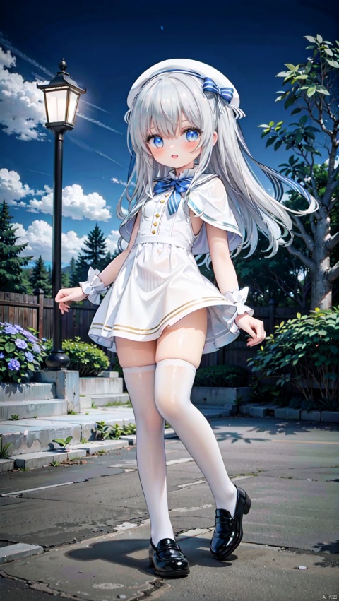  CELIA CLAIRE,loli,beautiful detailed girl,beret,school uniform,white capelet,fine fabric emphasis,ornate clothes,narrow waist,very small breasts,Glowing skin,Delicate cute face,blue eyes eyes,beautiful detailed eyes,glowing eyes,((Silver blue gradient hair)),((long hair,hair spread out)),hair bow,Glowing hair,Extremely delicate hair,Thin leg,white thighhighs,((beautiful detailed hands)),Slender fingers,pink nails,mischievous smile(expression),beautiful detailed mouth,aquamarine(ornament),garden,pool,hyper realistic,magic,8k,incredible quality,best quality,masterpiece,highly detailed,extremely detailed CG,cinematic lighting,backlighting,full body,high definition,detail enhancement,(perfect hands, perfect anatomy),detail enhancement, 1girl, loli