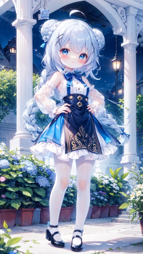 kafuu_chino,1girl,petite child(1.5),aged down,extremely delicate and beautiful girls,narrow waist,((very small breasts)),Glowing skin,Delicate cute face,blush sticker,blush,enmaided,puffy long sleeves,blue dress,white shirt,blue bow,rabbit shoulder bag,fine fabric emphasis,ornate clothes,blue eyes,beautiful detailed eyes,Glowing eyes,((tsurime)),((Silver blue hair)),((braided bun,x hair ornament)),very long hair,Glowing hair,Extremely delicate hair,Thin leg,white pantyhose,Slender fingers,steepled fingers,beautiful detailed hands,mischievous smile(expression),standing,hands on hips,looking down at viewer,:3,puffy cheeks,Raising the corners of the mouth,beautiful detailed mouth,stuffed bunny(ornament),garden,fountain,hyper realistic,magic,8k,incredible quality,best quality,masterpiece,highly detailed,extremely detailed CG,cinematic lighting,backlighting,full body,high definition,detail enhancement,(perfect hands, perfect anatomy),8k_wallpaper,colorful, kafuu_chino, loli, mirrornun