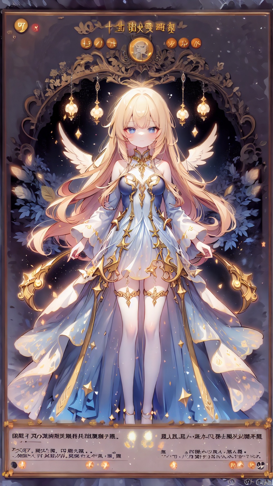  Card background,gabriel tenma white,angel girl,Little girl(1.6),aged down,1girl,solo,beautiful detailed girl,Glowing Halo on head,angel wings,angel costume,fine fabric emphasis,ornate clothes,Glowing clothes,narrow waist,very small breasts,Glowing skin,Delicate cute face,Grey blue eyes,beautiful detailed eyes,half-closed eyes,((blonde hair)),((very long hair)),ahoge,Glowing hair,Extremely delicate hair,Thin leg,white thighhighs,((beautiful detailed hands)),Slender fingers,pink nails,(standing,licking hand), naughty_face(expression),:3,Glowing feather(ornament),church,Marble Pillar,hyper realistic,magic,8k,incredible quality,best quality,masterpiece,highly detailed,extremely detailed CG,cinematic lighting,backlighting,full body,high definition,detail enhancement,(perfect hands, perfect anatomy),detail enhancement, gabriel tenma white