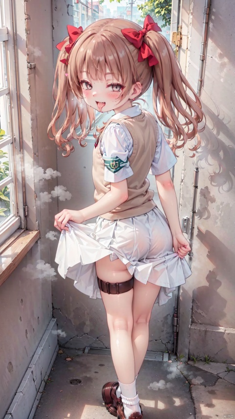  shirai kuroko,beautiful detailed girl,Delicate cute face,(tokiwadai school uniform),sweater vest,White shirt,armband,ornate clothes,fine fabric emphasis,brown eyes,beautiful detailed eyes,Glowing eyes,((raised eyebrow,tsurime,half-closed eyes)),((brown hair)),((twintails,hair bow)),very long shoulder,glowing hair,Extremely delicate hair,Thin leg,thigh strap,white loose socks,black footwear,Slender fingers,steepled fingers,shiny nails,((standing,skirt lift)), jewelry evil grin(expression),Evil smile,looking back at viewer,open mouth,tongue out,licking lips,drooling,heavy breathing,fangs out,big fangs,puffy cheeks,beautiful detailed mouth,heart(ornament),ruins,broken window,hyper realistic,magic,4k,incredible quality,best quality,masterpiece,highly detailed,extremely detailed CG,cinematic lighting,light particle,backlighting,full body,high definition,detail enhancement,(perfect hands, perfect anatomy),8k_wallpaper,extreme details,colorful