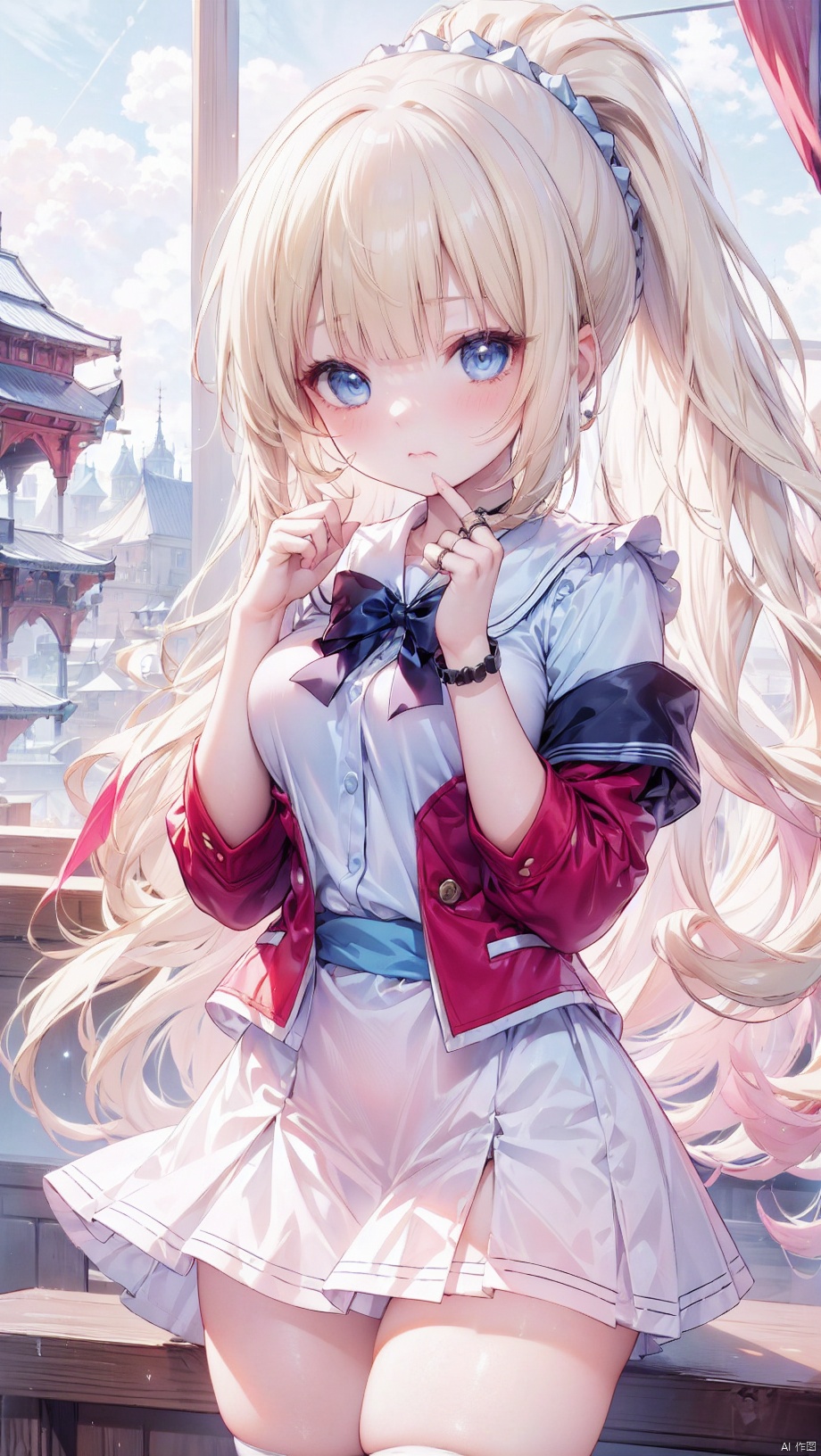  (cowboy shot,4349,4349,4349:1),kei karuizawa,loli,beautiful detailed girl,red school uniform jacket,open jacket,blue shirt,white skirt,fine fabric emphasis,ornate clothes,sabotaged clothes,torn clothes,broken clothes,torn shirt,off shoulder,narrow waist,beautiful breasts,Glowing skin,Delicate cute face,blue eyes eyes,beautiful detailed eyes,glowing eyes,((blonde hair)),((long hair,high ponytail,blue hair rings)),Glowing hair,Extremely delicate hair,Thin leg,white thighhighs,((beautiful detailed hands)),Slender fingers,pink nails,(standing,hands on own crotch),hungry(expression),wavy mouth,drooling,ruby(ornament),ruins,broken window,hyper realistic,magic,8k,incredible quality,best quality,masterpiece,highly detailed,extremely detailed CG,cinematic lighting,backlighting,full body,high definition,detail enhancement,(perfect hands, perfect anatomy),detail enhancement, loli