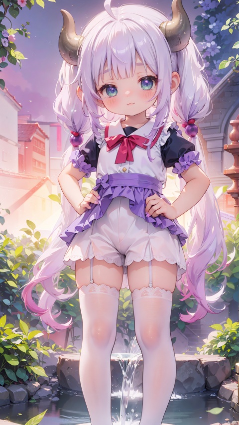 card background,KannaKamui,Little girl(1.5),aged down,beautiful detailed girl,narrow waist,small breasts,Glowing skin,Delicate cute face,School uniform,dragon horns,dragon tail,tail,red randoseru,cutoffs,fine fabric emphasis,ornate clothes,green eyes,beautiful detailed eyes,Glowing eyes,((half-closed eyes)),((silver purple gradient hair)),((twintails,hair beads)),long hair,glowing long hair,Extremely delicate longhair,ahoge,Thin leg,white legwear garter,Slender fingers,steepled fingers,Shiny nails,mischievous smile(expression),standing,hands on hips,looking down at viewer,:3,puffy cheeks,Raising the corners of the mouth,beautiful detailed mouth,heart(ornament),garden,fountain,hyper realistic,magic,8k,incredible quality,best quality,masterpiece,highly detailed,extremely detailed CG,cinematic lighting,backlighting,full body,high definition,detail enhancement,(perfect hands, perfect anatomy),detail enhancement