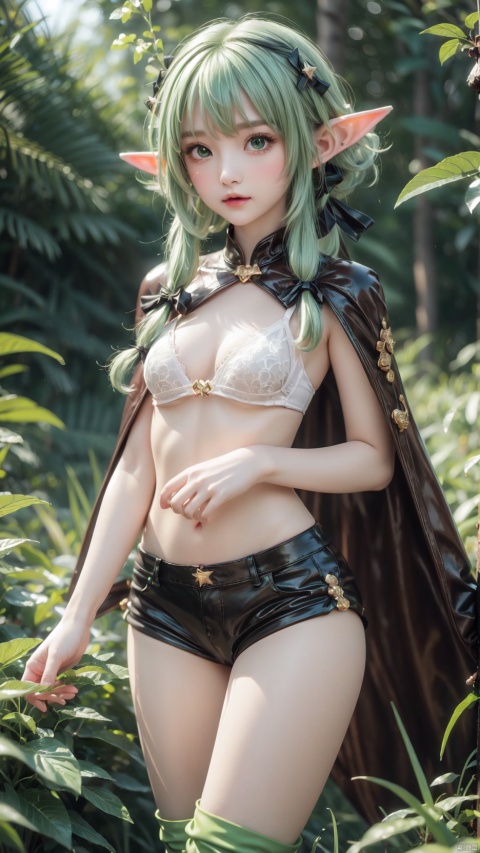  high elf archer (goblin slayer!),1girl,petite child(1.6),aged down,chibi,extremely delicate and beautiful girls,((very small breasts)),narrow waist,Glowing skin,Delicate cute face,blush sticker,blush,cloak,brown cape,green bodysuit,((white bra)),black gloves,short shorts,brown shorts,fine fabric emphasis,ornate clothes,green eyes,beautiful detailed eyes,Glowing eyes,((star in eye)),((green hair)),((sidelocks,hair bow)),Short hair,Extremely delicate hair,Thin leg,thighhighs,thigh boots,Slender fingers,steepled fingers,(beautiful detailed hands),((holding Short Bow,sleeve bow)),mischievous smile(expression),looking at viewer,open mouth,beautiful detailed mouth,fangs out,long fangs,black bow(ornament),forest,vines,hyper realistic,magic,4k,incredible quality,best quality,masterpiece,highly detailed,extremely detailed CG,cinematic lighting,light particle,backlighting,full body,high definition,detail enhancement,(perfect hands, perfect anatomy),8k_wallpaper,extreme details,colorful,no erune