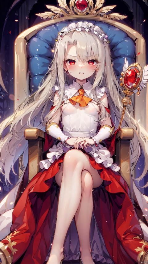  card background,from below,prisma illya,illyasviel von einzbern (beast style),magical girl,1girl,petite child(1.5),aged down,chibi,extremely delicate and beautiful girls,narrow waist,((very small breasts)),Glowing skin,Delicate cute face,blush sticker,blush,maid headdress,fleur de lapin uniform,maid apron,ascot,ornate clothes,fine fabric emphasis,red eyes,beautiful detailed eyes,Glowing eyes,((half-closed eyes,tsurime)),((Silver hair)),((hair spread out,ribbon hair)),long hair,Glowing hair,Extremely delicate hair,Thin leg,striped_legwear,Slender fingers,steepled fingers,(beautiful detailed hands),((sitting on throne,crossed legs,holding wand of Magic Ruby)),gesugao(expression),jitome,raised eyebrow,scowl,v-shaped eyebrows,clenched teeth,puckered lips,looking down at viewer,puffy cheeks,beautiful detailed mouth,falling feathers(ornament),ornate throne,palace,hyper realistic,magic,4k,incredible quality,best quality,masterpiece,highly detailed,extremely detailed CG,cinematic lighting,backlighting,full body,high definition,detail enhancement,(perfect hands, perfect anatomy),8k_wallpaper,extreme details,colorful, disdain