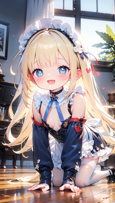 queen elizabeth (azur lane),Little girl(1.5),aged down,beautiful detailed girl,narrow waist,(very small breasts),Delicate cute face,choker,maid,maid apron,frilled apron,maid headdress,blue dress,official alternate costume,fine fabric emphasis,ornate clothes,off shoulder,open clothes,torn dress,sabotaged clothes,torn clothes,broken clothes,torn shirt,blue eyes,beautiful detailed eyes,Glowing eyes,((half-closed eyes,heart-shaped pupils)),((blonde hair)),((hair spread out)),very long shoulder,glowing hair,Extremely delicate hair,Thin leg,white legwear garter,black footwear,Slender fingers,steepled fingers,shiny nails,(all fours,separated legs),ahegao(expression),smile,open mouth,drooling,fangs out,big fangs,puffy cheeks,beautiful detailed mouth,looking up at viewer,bow(ornament),window,table,hyper realistic,magic,8k,incredible quality,best quality,masterpiece,highly detailed,extremely detailed CG,cinematic lighting,backlighting,full body,high definition,detail enhancement,(perfect hands, perfect anatomy),8k_wallpaper,extreme details,colorful, loli, pop style