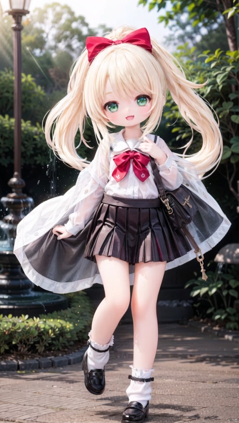  himenoa,Little girl（0.6）,beautiful detailed girl,narrow waist,small breasts,Glowing skin,Delicate cute face,School uniform,cutoffs,fine fabric emphasis,ornate clothes,green eyes,beautiful detailed eyes,Glowing eyes,((half-closed eyes)),((blonde hair)),((high ponytail,hair bow)),long hair,glowing long hair,Extremely delicate longhair,ahoge,Thin leg,loose socks,Slender fingers,steepled fingers,Shiny nails,mischievous smile(expression),standing, :D,:3,open mouth,tongue out,fangs out,long fang,beautiful detailed mouth,red bow(ornament),garden,fountain,hyper realistic,magic,8k,incredible quality,best quality,masterpiece,highly detailed,extremely detailed CG,cinematic lighting,backlighting,full body,high definition,detail enhancement,(perfect hands, perfect anatomy)