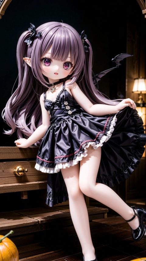 gothic lolita,female child,Little girl（1.5）,aged down,beautiful detailed girl,narrow waist,small breasts,Glowing skin,steaming body,Delicate cute face,black princess dress,fine fabric emphasis,ornate clothes,red Eyes,beautiful detailed eyes,Glowing eyes,((Deep purple hair)),long hair,wavy hair,glowing hair,Extremely delicate longhair,bat hair ornament,Red Heart Necklace,bare legs,Thin leg,bare arms,Slender fingers,steepled fingers,Shiny nails,mischievous smile(expression),fangs out,beautiful detailed lips,bat(ornament),garden, fountain,hyper realistic,magic,8k,incredible quality,best quality,masterpiece,highly detailed,extremely detailed CG,cinematic lighting