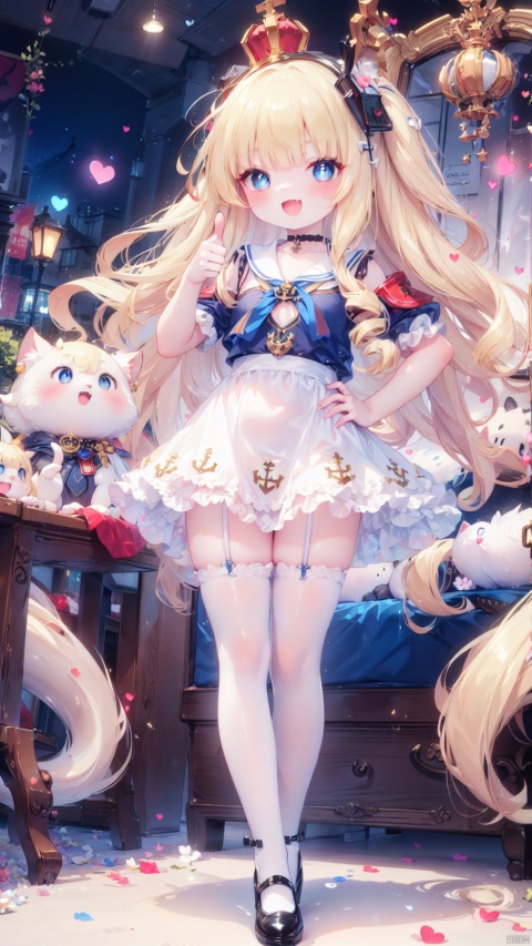 queen elizabeth (azur lane),Little girl(1.5),aged down,beautiful detailed girl,narrow waist,Delicate cute face,anchor choker,(anchor print naval uniform),blue princess dressshoulders,ornate clothes,fine fabric emphasis,torn dress,broken skirt,torn clothes,broken clothes,blue eyes,beautiful detailed eyes,Glowing eyes,((heart-shaped pupils)),((blonde hair)),((hair spread out,wavy hair)),very long shoulder,glowing hair,Extremely delicate hair,Thin leg,white legwear garter,black footwear,Slender fingers,steepled fingers,shiny nails,((hand on hip,arm up,thumbs up)),mischievous smile(expression),thumbs up,:d,open mouth,fangs out,long fang,beautiful detailed mouth,anchor (ornament),warship,harbor,royal navy (emblem),royal navy flag,hyper realistic,magic,4k,incredible quality,best quality,masterpiece,highly detailed,extremely detailed CG,cinematic lighting,light particle,backlighting,full body,high definition,detail enhancement,(perfect hands, perfect anatomy),8k_wallpaper,extreme details,colorful
