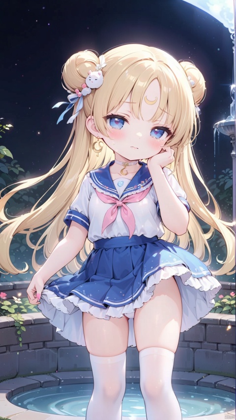  tsukino usagi,qanime,1girl,petite child(1.5),aged down,chibi,extremely delicate and beautiful girls,(exquisitely detailed skin),narrow waist,Delicate cute face,forehead mark,crescent at forehead,crescent earrings,blush sticker,blush,choker,casual,blue sailor collar,((blue skirt,ornate clothes)),glowing clothes,fine fabric emphasis,Blue eyes,beautiful detailed eyes,Glowing eyes,((half-closed eyes,tsurime)),((blonde hair)),((double bun,parted bangs,hair bun, hair ornament,head rest)),very long hair,Extremely delicate hair,Thin leg,white thighhighs,Fine fingers,steepled nail,(beautiful detailed hands),((standing,dress lift)),shy(expression),looking to the side,teardrop on the face,Tears on the chin,wavy mouth,beautiful detailed mouth,semen on the chin,semen on the hair,semen on the face,too many semen on the breasts,too many semen dripping from the body,blood on between legs,Golden chained(ornament),garden,fountain,gold chain necklace,hyper realistic,magic,4k,incredible quality,best quality,masterpiece,highly detailed,extremely detailed CG,cinematic lighting,light particle,backlighting,full body,high definition,detail enhancement,(perfect hands, perfect anatomy),8k_wallpaper,extreme details,colorful