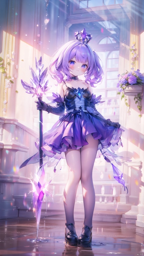  lux (league of legends),1girl,petite child(1.5),aged down,extremely delicate and beautiful girls,narrow waist,((very small breasts)),Glowing skin,Delicate cute face,blush sticker,blush,(crystal crown),choker,purple dress,gloves,elbow gloves,bare shoulders,ornate clothes,fine fabric emphasis,blue eyes,beautiful detailed eyes,Glowing eyes,((red mole under eye)),((purple hair)),((hair over shoulder,wavy hair)),Glowing hair,Extremely delicate hair,Thin leg,bare legs,Slender fingers,steepled fingers,(beautiful detailed hands),((art shift,holding staff,purple crystal staff)),mischievous smile(expression),:3,puffy cheeks,beautiful detailed mouth,looking at viewer,steam(ornament),garden,fountain,hyper realistic,magic,8k,incredible quality,best quality,masterpiece,highly detailed,extremely detailed CG,cinematic lighting,backlighting,full body,high definition,detail enhancement,(perfect hands, perfect anatomy),8k_wallpaper,extreme details,colorful,