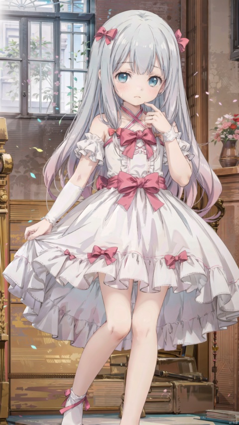  izumi sagiri,little girl(1.4),beautiful detailed girl,narrow waist,small breasts,pink areolae,Delicate cute face,nose blush,blush,bridal veil,wedding dress,bridal gauntlets,fine fabric emphasis,ornate clothes,aqua eyes,beautiful detailed eyes,half-closed eyes,((Silver gradient hair)),((hair slicked back)),glowing long hair,Extremely delicate longhair,Thin leg,white legwear garter,Slender fingers,steepled fingers,pink nails,tearful(expression),teardrop on the face,Tears on the chin,wavy mouth,beautiful detailed mouth,looking at viewer,pink hair bow(ornament),church,wedding,hyper realistic,magic,8k,incredible quality,best quality,masterpiece,highly detailed,extremely detailed CG,cinematic lighting,full body,high defin