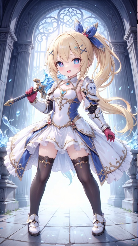  darkness (konosuba),paladin,petite child(1.5),aged down,chibi,extremely delicate and beautiful girls,narrow waist,Glowing skin,Delicate cute face,blush sticker,blush,knight armor,white and gold clothes,fine fabric emphasis,ornate clothes,((blue eyes)),beautiful detailed eyes,Glowing eyes,((heart-shaped pupils)),((blonde hair)),((ponytail,x hair ornament)),very long hair,Extremely delicate hair,Thin leg,black thighhighs,beautiful detailed fingers,steepled fingers,(beautiful detailed hands),((standing,holding a sword,ornate sword)),ahegao(expression),smile,tongue out,licking lips,drooling,fangs out,big fangs,puffy cheeks,beautiful detailed mouth,Looking down at viewer,semen in the mouth,heart(ornament),palace,shield decorated on the wall,hyper realistic,magic,8k,incredible quality,best quality,masterpiece,highly detailed,extremely detailed CG,cinematic lighting,backlighting,full body,high definition,detail enhancement,(perfect hands, perfect anatomy),8k_wallpaper,extreme details,colorful, Wielding sword, loli, Spirit Fox Pendant