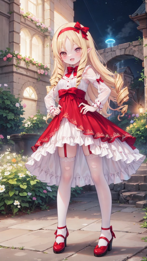 (4349,4349,4349:1), yamada elf,Little girl(1.4),aged down,beautiful detailed girl,narrow waist,very small breasts,Glowing skin,steaming body,Delicate cute face,pointy ears,pink dress,fine fabric emphasis,ornate clothes,torn clothes,brown eyes,beautiful detailed eyes,Glowing eyes,((blonde hair)),((drill hair,red bow hairband)),parted bangs,forehead,long hair,glowing long hair,Extremely delicate longhair,Thin leg,white legwear garter,beautiful detailed fingers,Slender fingers,steepled fingers,Shiny nails,(standing,hand on hips,finger to eye),mischievous smile(expression),open mouth,tongue out,fangs out,beautiful detailed mouth,looking at viewer,bow on clothes(ornament),garden, fountain,hyper realistic,magic,8k,incredible quality,best quality,masterpiece,highly detailed,extremely detailed CG,cinematic lighting,backlighting,full body,high definition,detail enhancement,(perfect hands, perfect anatomy),detail enhancement,
