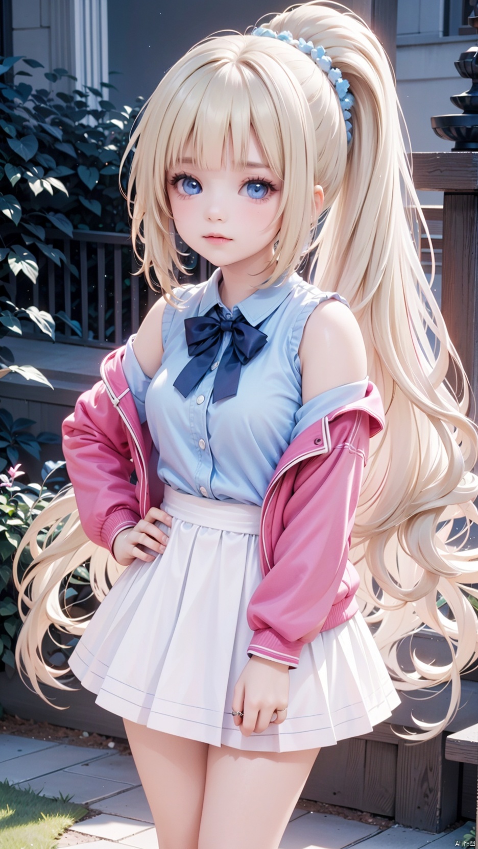  kei karuizawa,loli,beautiful detailed girl,red school uniform jacket,open jacket,blue shirt,white skirt,fine fabric emphasis,ornate clothes,sabotaged clothes,torn clothes,broken clothes,torn shirt,off shoulder,narrow waist,beautiful breasts,Glowing skin,Delicate cute face,blue eyes eyes,beautiful detailed eyes,glowing eyes,((blonde hair)),((long hair,high ponytail,hair rings)),Glowing hair,Extremely delicate hair,Thin leg,white thighhighs,((beautiful detailed hands)),Slender fingers,pink nails,(standing,hands on hips),tearful(expression),teardrop on the face,Tears on the chin,wavy mouth,mouth drool,bow(ornament),garden, fountain,hyper realistic,magic,8k,incredible quality,best quality,masterpiece,highly detailed,extremely detailed CG,cinematic lighting,backlighting,full body,high definition,detail enhancement,(perfect hands, perfect anatomy),detail enhancement