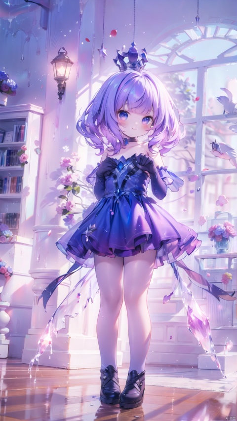  lux (league of legends),1girl,petite child(1.5),aged down,extremely delicate and beautiful girls,narrow waist,((very small breasts)),Glowing skin,Delicate cute face,blush sticker,blush,(crystal crown),choker,purple dress,gloves,elbow gloves,bare shoulders,ornate clothes,fine fabric emphasis,blue eyes,beautiful detailed eyes,Glowing eyes,((red mole under eye)),((purple hair)),((hair over shoulder,wavy hair)),Glowing hair,Extremely delicate hair,Thin leg,bare legs,Slender fingers,steepled fingers,(beautiful detailed hands),((standing,hands next face,paw pose)),mischievous smile(expression),looking down at viewer,:3,puffy cheeks,Raising the corners of the mouth,beautiful detailed mouth,looking down at viewer,star(ornament),garden,fountain,hyper realistic,magic,8k,incredible quality,best quality,masterpiece,highly detailed,extremely detailed CG,cinematic lighting,backlighting,full body,high definition,detail enhancement,(perfect hands, perfect anatomy),8k_wallpaper,extreme details,colorful