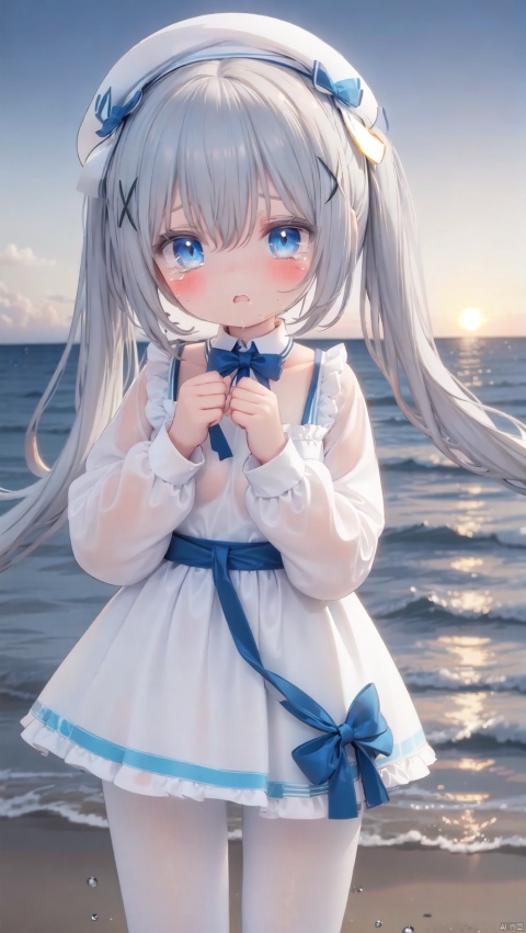  kafuu_chino,1girl,petite child(1.5),aged down,extremely delicate and beautiful girls,narrow waist,((very small breasts)),Glowing skin,Delicate cute face,blush sticker,blush,white beret,enmaided,puffy long sleeves,blue dress,white shirt,blue bow,fine fabric emphasis,ornate clothes,blue eyes,beautiful detailed eyes,Glowing eyes,((tsurime)),((Silver blue hair)),((twintails,x hair ornament)),very long hair,Glowing hair,Extremely delicate hair,Thin leg,white pantyhose,Slender fingers,steepled fingers,beautiful detailed hands,((Holding a rabbit)),tearful(expression),teardrop on the face,Tears on the chin,wavy mouth,drooling,humiliation,puffy cheeks,beautiful detailed mouth,looking at viewer,stuffed bunny(ornament),shore,beach,sunset,hyper realistic,magic,4k,incredible quality,best quality,masterpiece,highly detailed,extremely detailed CG,cinematic lighting,backlighting,undercut,high definition,detail enhancement,(perfect hands, perfect anatomy),8k_wallpaper,colorful, kafuu_chino