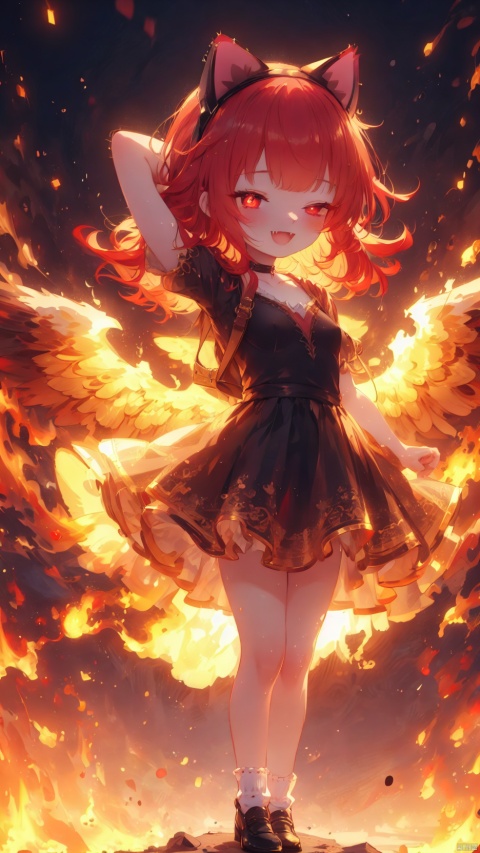  fiery background,annie (league of legends),Little girl(1.5),aged down,beautiful detailed girl,narrow waist,(very small breasts),Spray flames outwards from the entire body,Delicate cute face,choker,teddy bear,randoseru,gothic dress,red and black dress,fine fabric emphasis,Burning clothes,fiery wings,glowing wings,red eyes,beautiful detailed eyes,Glowing eyes,((half-closed eyes,heart-shaped pupils)),((red hair)),((hair spread out,cat ear hairband)),hair over shoulder,glowing hair,Extremely delicate hair,Thin leg,bobby socks,Slender fingers,steepled fingers,red nails,(standing,arm up,spell,Flame Surrounding Hand,Hand emitting flames),mischievous smile(expression),:d,open mouth,tongue out,fangs out,long fang,beautiful detailed mouth,fire(ornament),ruins,broken window,magma,hyper realistic,magic,8k,incredible quality,best quality,masterpiece,highly detailed,extremely detailed CG,cinematic lighting,backlighting,full body,high definition,detail enhancement,(perfect hands, perfect anatomy), (\shen ming shao nv\)