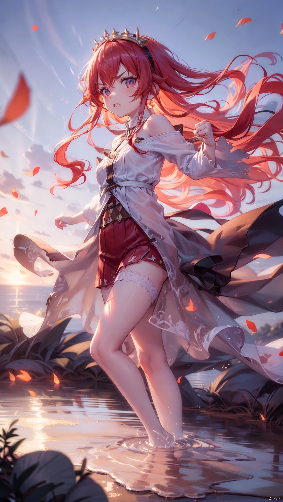  card background,erisc,loli,beautiful detailed girl,narrow waist,very small breasts,Glowing skin,Delicate cute face,bare shoulders,long sleeves,torn dress,broken skirt,torn clothes,broken clothes,red eyes eyes,beautiful detailed eyes,glowing eyes,(raised eyebrow),((red hair)),((long hair,hairband)),Glowing hair,Extremely delicate hair,Thin leg,white legwear garter,beautiful detailed fingers,Slender fingers,steepled fingers,Shiny nails,standing,((raised fist,incoming punch,attack at viewer)),angry(expression),closed mouth,clenched teeth,beautiful detailed mouth,looking at viewer,bow(ornament),garden, fountain,hyper realistic,magic,8k,incredible quality,best quality,masterpiece,highly detailed,extremely detailed CG,cinematic lighting,backlighting,full body,high definition,detail enhancement,(perfect hands, perfect anatomy), detail enhancement