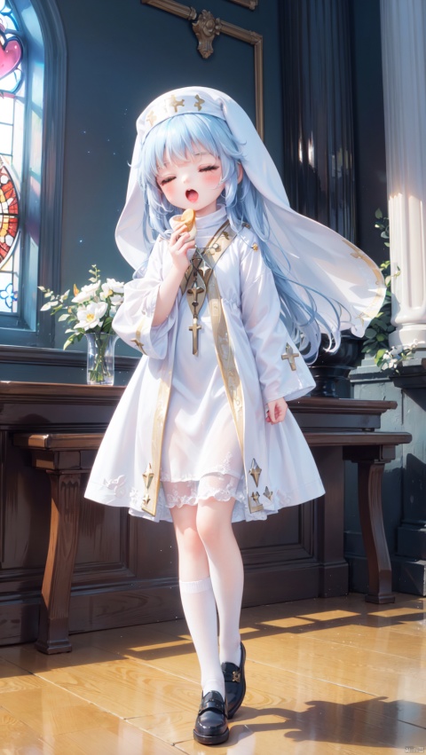  from below,index (toaru majutsu no index),nun,Little girl(1.5),aged down,beautiful detailed girl,narrow waist,(very small breasts),Delicate cute face,cross necklace,(safety pin),nun robe,white robe,long sleeves,wide sleeves,fine fabric emphasis,torn dress,sabotaged clothes,torn clothes,broken clothes,torn shirt,green eyes,beautiful detailed eyes,Glowing eyes,((half-closed eyes,heart-shaped pupils)),((Silver blue hair)),((hair spread out,white nun hat)),very long hair,glowing hair,Extremely delicate hair,Thin leg,bobby socks,Slender fingers,steepled fingers,red nails,((holding bread slice,eating bread slice)),doyagao(expression),:3,puffy cheeks,open mouth,drooling,beautiful detailed mouth,looking down at viewer,falling feathers(ornament),church,stained glass Windows,hyper realistic,magic,4k,incredible quality,best quality,masterpiece,highly detailed,extremely detailed CG,cinematic lighting,light particle,backlighting,full body,high definition,detail enhancement,(perfect hands, perfect anatomy),8k_wallpaper,extreme details,colorful, loli, shuiwa
