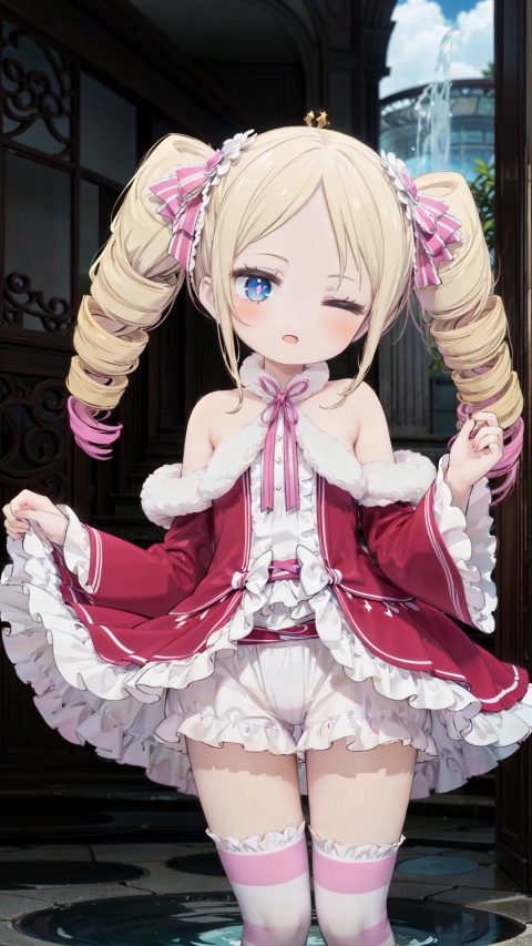  beatrice (re:zero),female child,Little girl（1.5）,aged down,beautiful detailed girl,narrow waist,small breasts,Glowing skin,Delicate cute face,off_shoulder,pink princess pajamas,(pink striped_legwear),white shorts under skirt,symbol-shaped_pupils,beautiful detailed eyes,((one eye closed)),((blonde hair)),(drill hair),parted bangs,forehead,Extremely delicate hair,bare legs,Thin leg,bare arms,Slender fingers,steepled fingers,pink nails,mischievous smile(expression),standing,finger to eye,open mouth,tongue out,beautiful detailed lips,heart(ornament),garden, fountain,hyper realistic,magic,8k,incredible quality,best quality,masterpiece,highly detailed,extremely detailed CG,cinematic lighting