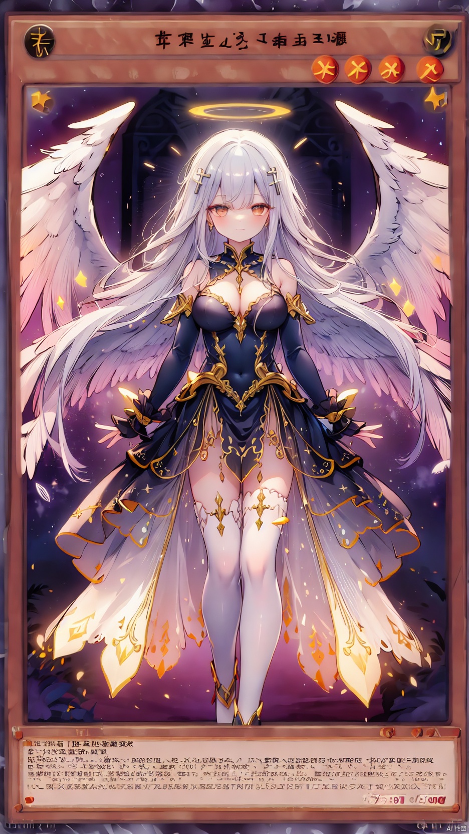 Card background,raphiel shiraha ainsworth,angel girl,1girl,solo,beautiful detailed girl,Glowing Halo on head,angel wings,angel costume,fine fabric emphasis,ornate clothes,Glowing clothes,narrow waist,beautiful breasts,Glowing skin,Delicate cute face,blonde eyes,beautiful detailed eyes,half-closed eyes,((silver hair)),((long hair,cross hair ornament)),Glowing hair,Extremely delicate hair,Thin leg,white thighhighs,((beautiful detailed hands)),Slender fingers,pink nails,(standing,licking hand), naughty_face(expression),:3,Glowing feather(ornament),church,white dog,hyper realistic,magic,8k,incredible quality,best quality,masterpiece,highly detailed,extremely detailed CG,cinematic lighting,backlighting,full body,high definition,detail enhancement,(perfect hands, perfect anatomy),detail enhancement,