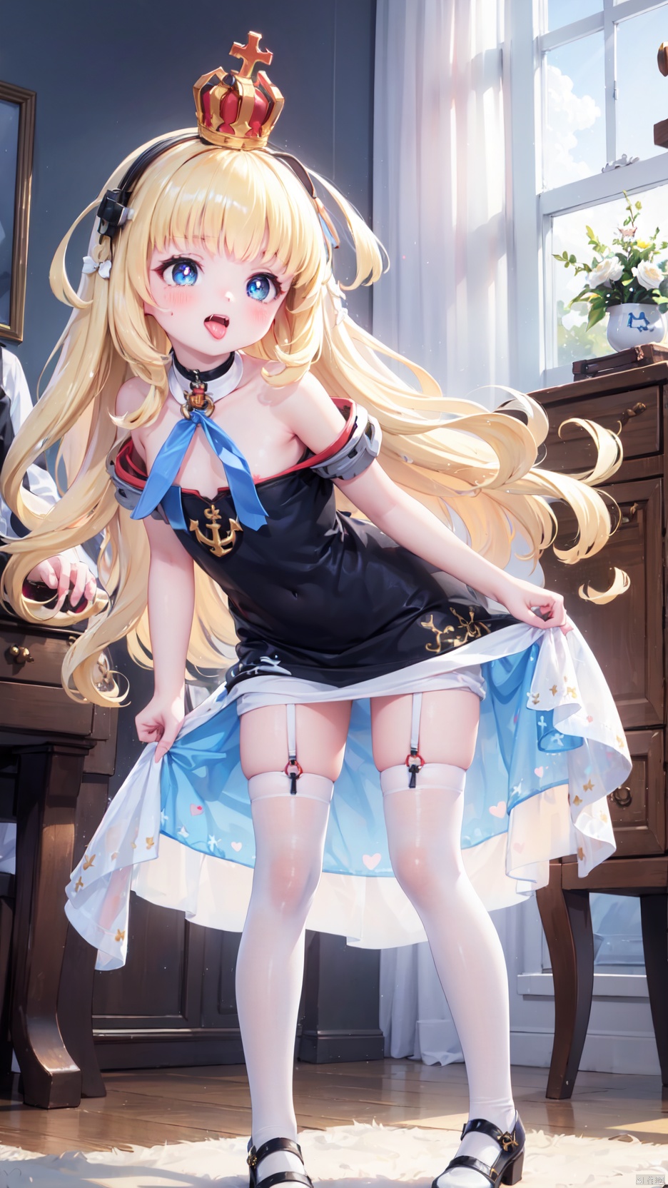 from below,queen elizabeth (azur lane),Little girl(1.5),aged down,beautiful detailed girl,narrow waist,Delicate cute face,princess crown,small crown,anchor choker,(anchor print naval uniform),blue princess dress,bare shoulders,ornate clothes,fine fabric emphasis,blue eyes,beautiful detailed eyes,Glowing eyes,((heart-shaped pupils)),((blonde hair)),((hair spread out,wavy hair)),very long shoulder,glowing hair,Extremely delicate hair,Thin leg,white legwear garter,black footwear,Slender fingers,steepled fingers,shiny nails,((clothes pull,**********)),ahegao(expression),smile,open mouth,tongue out,licking lips,drooling,heavy breathing,fangs out,big fangs,puffy cheeks,beautiful detailed mouth,looking down at viewer,anchor (ornament),warship,harbor,royal navy (emblem),royal navy flag,hyper realistic,magic,4k,incredible quality,best quality,masterpiece,highly detailed,extremely detailed CG,cinematic lighting,light particle,backlighting,full body,high definition,detail enhancement,(perfect hands, perfect anatomy),8k_wallpaper,extreme details,colorful