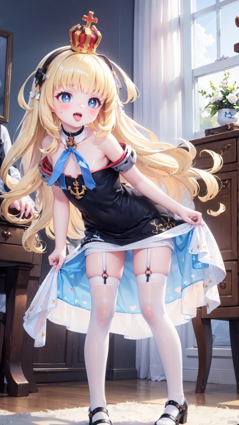 from below,queen elizabeth (azur lane),Little girl(1.5),aged down,beautiful detailed girl,narrow waist,Delicate cute face,princess crown,small crown,anchor choker,(anchor print naval uniform),blue princess dress,bare shoulders,ornate clothes,fine fabric emphasis,blue eyes,beautiful detailed eyes,Glowing eyes,((heart-shaped pupils)),((blonde hair)),((hair spread out,wavy hair)),very long shoulder,glowing hair,Extremely delicate hair,Thin leg,white legwear garter,black footwear,Slender fingers,steepled fingers,shiny nails,((clothes pull,undressing)),ahegao(expression),smile,open mouth,tongue out,licking lips,drooling,heavy breathing,fangs out,big fangs,puffy cheeks,beautiful detailed mouth,looking down at viewer,anchor (ornament),warship,harbor,royal navy (emblem),royal navy flag,hyper realistic,magic,4k,incredible quality,best quality,masterpiece,highly detailed,extremely detailed CG,cinematic lighting,light particle,backlighting,full body,high definition,detail enhancement,(perfect hands, perfect anatomy),8k_wallpaper,extreme details,colorful