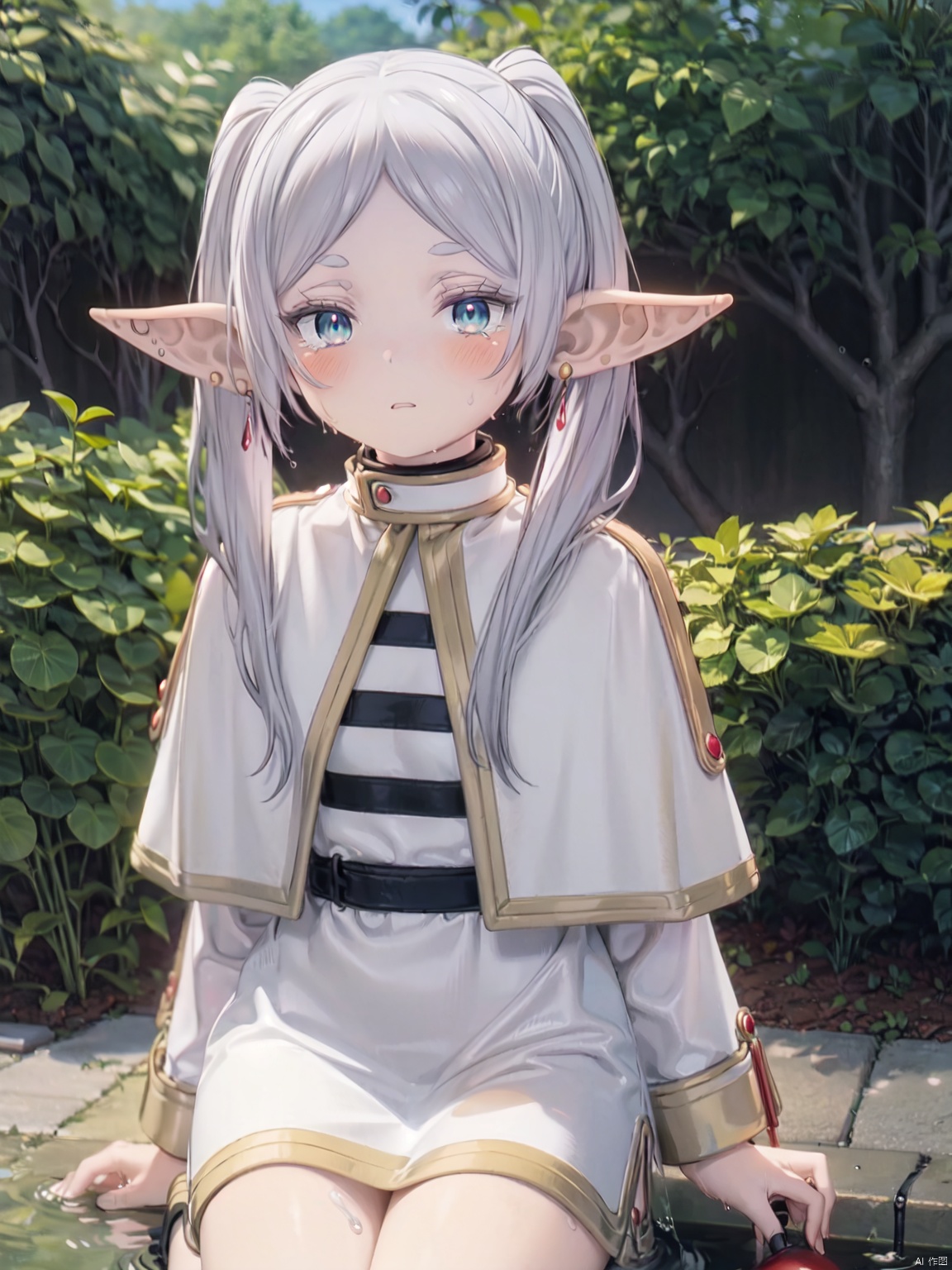 Frieren at the Funeral,elf girl,Little girl（1.6）,aged down,beautiful detailed girl,small breasts,Glowing skin,Delicate cute face,white Mage Robe,off shoulder,ornate clothes,fine fabric emphasis,mage staff,green eyes,star-shaped pupils,pointy ears,beautiful detailed eyes,((white hair)),twintails,long hair,Extremely delicate hair,bare legs,Thin leg,bare arms,Slender fingers,steepled fingernails,tearful(expression),(**********),blush,teardrop on the face,Tears on the chin,puffy cheeks,wavy mouth,beautiful detailed lips,sweat dripping from the body,wet and messy,sweat,black ribbon(ornament),garden, fountain,hyper realistic,magic,8k,incredible quality,best quality,masterpiece,highly detailed,extremely detailed CG,cinematic lighting, 1girl, Frieren at the Funeral