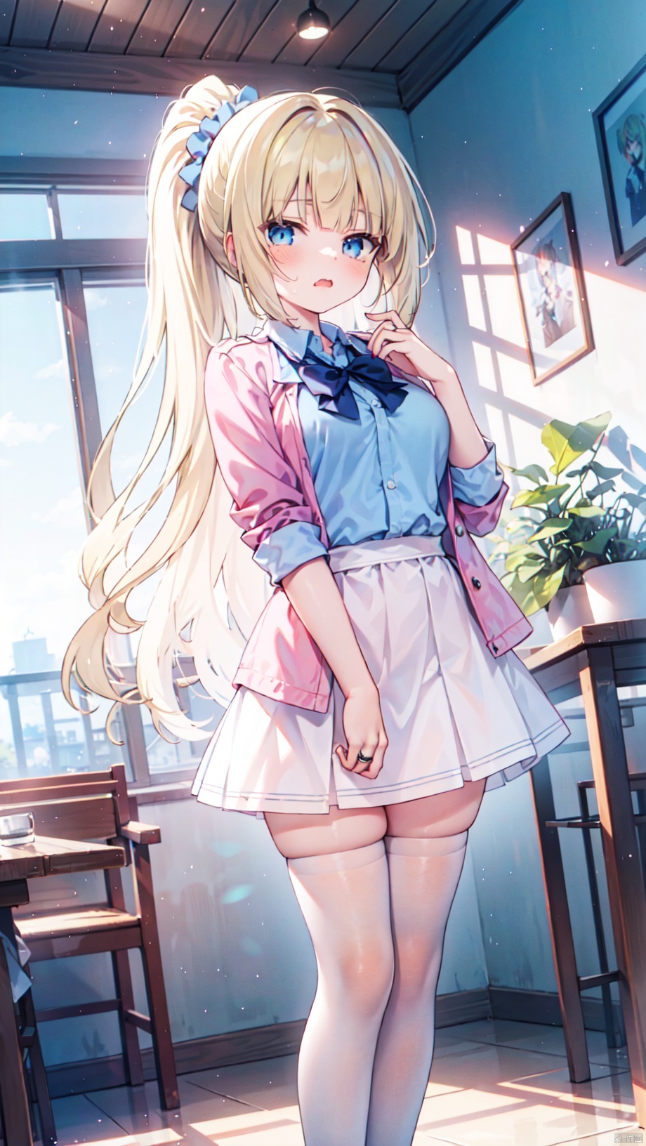  (cowboy shot,4349,4349,4349:1),kei karuizawa,loli,beautiful detailed girl,red school uniform jacket,open jacket,blue shirt,white skirt,fine fabric emphasis,ornate clothes,sabotaged clothes,torn clothes,broken clothes,torn shirt,off shoulder,narrow waist,beautiful breasts,Glowing skin,Delicate cute face,blue eyes eyes,beautiful detailed eyes,glowing eyes,((blonde hair)),((long hair,high ponytail,blue hair rings)),Glowing hair,Extremely delicate hair,Thin leg,white thighhighs,((beautiful detailed hands)),Slender fingers,pink nails,(standing,hands on own crotch),hungry(expression),wavy mouth,drooling,ruby(ornament),ruins,broken window,hyper realistic,magic,8k,incredible quality,best quality,masterpiece,highly detailed,extremely detailed CG,cinematic lighting,backlighting,full body,high definition,detail enhancement,(perfect hands, perfect anatomy),detail enhancement