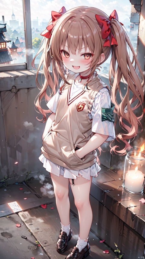  shirai kuroko,Little girl(1.5),aged down,beautiful detailed girl,Glowing skin,Delicate cute face,choker,(tokiwadai school uniform),sweater vest,White shirt,armband,ornate clothes,fine fabric emphasis,collarbone,torn dress,sabotaged clothes,torn clothes,broken clothes,torn shirt,brown eyes,beautiful detailed eyes,Glowing eyes,((raised eyebrow,tsurime)),((brown hair)),((twintails,hair bow)),very long shoulder,glowing hair,Extremely delicate hair,Thin leg,white legwear garter,black footwear,Slender fingers,steepled fingers,shiny nails,((standing,hand in pocket)), jewelry evil grin(expression),Evil smile,open mouth,tongue out,licking lips,drooling,heavy breathing,fangs out,big fangs,puffy cheeks,beautiful detailed mouth,heart (ornament),ruins,broken window,hyper realistic,magic,4k,incredible quality,best quality,masterpiece,highly detailed,extremely detailed CG,cinematic lighting,light particle,backlighting,full body,high definition,detail enhancement,(perfect hands, perfect anatomy),8k_wallpaper,extreme details,colorful, 1girl hair bow, hunv, shirai_kuroko