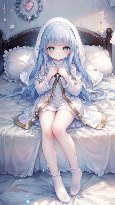  from below,index (toaru majutsu no index),nun,Little girl(1.5),aged down,beautiful detailed girl,narrow waist,(very small breasts),Delicate cute face,cross necklace,(safety pin),nun robe,white robe,long sleeves,wide sleeves,fine fabric emphasis,torn dress,sabotaged clothes,torn clothes,broken clothes,torn shirt,green eyes,beautiful detailed eyes,Glowing eyes,((half-closed eyes,heart-shaped pupils)),((Silver blue hair)),((hair spread out,white nun hat)),very long hair,glowing hair,Extremely delicate hair,Thin leg,bobby socks,Slender fingers,steepled fingers,red nails,((lying on bed,separated legs,hands on own chest)),tearful(expression),looking up at viewer,teardrop on the face,Tears on the chin,wavy mouth,beautiful detailed mouth,wet and messy,sweat,falling black feathers(ornament),church,stained glass Windows,hyper realistic,magic,4k,incredible quality,best quality,masterpiece,highly detailed,extremely detailed CG,cinematic lighting,light particle,backlighting,full body,high definition,detail enhancement,(perfect hands, perfect anatomy),8k_wallpaper,extreme details,colorful, loli, shuiwa