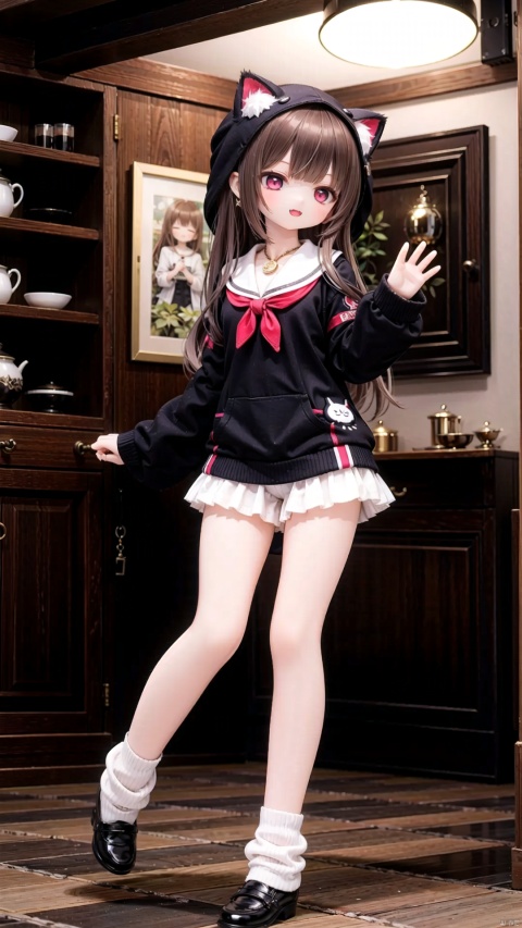 Human Girls,Little girl（0.6）,beautiful detailed girl,narrow waist,small breasts,Glowing skin,hood,cat hood,hood up,ruby star Earrings,Delicate cute face,serafuku,cutoffs,fine fabric emphasis,ornate clothes,amber eyes,beautiful detailed eyes,Glowing eyes,((half-closed eyes)),((brown hair)),((bunches,long hair)),glowing long hair,Extremely delicate longhair,gold star Necklace,Thin leg,loose socks,Slender fingers,steepled fingers,Shiny nails,smug(expression),hand up,fighting stance,:3,open mouth,tongue out,fangs out,long fang,beautiful detailed mouth,crescent moon(ornament),maze, Gold coin pile,hyper realistic,magic,8k,incredible quality,best quality,masterpiece,highly detailed,extremely detailed CG,cinematic lighting,full body,lots of gold coins falling,high definition,detail enhancement