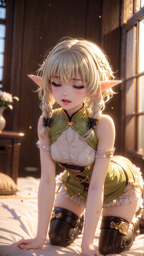  high elf archer (goblin slayer!),1girl,petite child(1.6),aged down,chibi,extremely delicate and beautiful girls,((very small breasts)),narrow waist,Glowing skin,Delicate cute face,blush sticker,blush,((nude)),black gloves,green eyes,beautiful detailed eyes,Glowing eyes,((half-closed eyes,heart-shaped pupils)),((green hair)),((sidelocks,hair bow)),Short hair,Extremely delicate hair,Thin leg,thighhighs,thigh boots,Slender fingers,steepled fingers,(beautiful detailed hands),((all fours,separated legs)),ahegao(expression),smile,open mouth,tongue out,licking lips,drooling,fangs out,big fangs,puffy cheeks,beautiful detailed mouth,looking at viewer,semen in the mouth,semen on the hair,semen on the face,too many semen on the breasts,too many semen dripping from the body,blood on between legs,wet and messy,sweat,semen(ornament),bedroom,ornate bed,hyper realistic,magic,4k,incredible quality,best quality,masterpiece,highly detailed,extremely detailed CG,cinematic lighting,light particle,backlighting,full body,high definition,detail enhancement,(perfect hands, perfect anatomy),8k_wallpaper,extreme details,colorful, (\shen ming shao nv\), loli, pointy ears