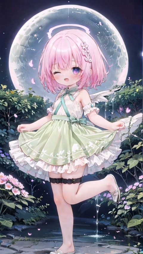  (4349,4349,4349:1),Momo,zettai_ryouiki,Little girl(1.4),beautiful detailed girl,narrow waist,small breasts,Glowing skin,steaming body,Delicate cute face,demon tail,long tail,pink dress,fine fabric emphasis,ornate clothes,torn clothes,glowing wings,transparent wings,purple eyes,beautiful detailed eyes,Glowing eyes,(one eye closed),((pink hair)),((short hair,hair ribbon)),glowing long hair,Extremely delicate longhair,Thin leg,white legwear garter,beautiful detailed fingers,Slender fingers,steepled fingers,Shiny nails,(standing on one leg,hands up,art shift,hands next face,v arms,v),mischievous smile(expression),open mouth,tongue out,fangs out,beautiful detailed mouth,looking at viewer,bow(ornament),garden, fountain,hyper realistic,magic,8k,incredible quality,best quality,masterpiece,highly detailed,extremely detailed CG,cinematic lighting,backlighting,full body,high definition,detail enhancement,(perfect hands, perfect anatomy),detail enhancement, loli