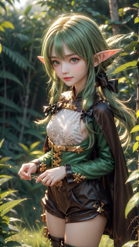 high elf archer (goblin slayer!),1girl,petite child(1.6),aged down,chibi,extremely delicate and beautiful girls,((very small breasts)),narrow waist,Glowing skin,Delicate cute face,blush sticker,blush,cloak,brown cape,green safari jacket,((sleeve bow)),black gloves,short shorts,brown shorts,fine fabric emphasis,ornate clothes,green eyes,beautiful detailed eyes,Glowing eyes,((star in eye)),((green hair)),((sidelocks,hair bow)),Short hair,Extremely delicate hair,Thin leg,thighhighs,thigh boots,Slender fingers,steepled fingers,(beautiful detailed hands),((holding Short Bow,sleeve bow)),mischievous smile(expression),looking at viewer,open mouth,beautiful detailed mouth,fangs out,long fangs,black bow(ornament),forest,vines,hyper realistic,magic,4k,incredible quality,best quality,masterpiece,highly detailed,extremely detailed CG,cinematic lighting,light particle,backlighting,full body,high definition,detail enhancement,(perfect hands, perfect anatomy),8k_wallpaper,extreme details,colorful,(((no erune)))