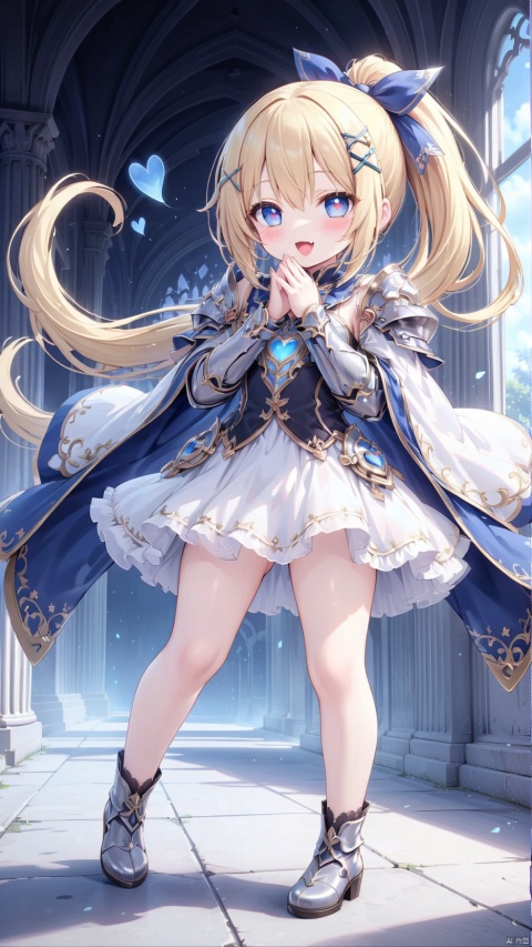 darkness (konosuba),paladin,petite child(1.5),aged down,chibi,extremely delicate and beautiful girls,narrow waist,Glowing skin,Delicate cute face,blush sticker,blush,knight armor,white and gold clothes,fine fabric emphasis,ornate clothes,((blue eyes)),beautiful detailed eyes,Glowing eyes,((heart-shaped pupils)),((blonde hair)),((ponytail,x hair ornament)),very long hair,Extremely delicate hair,Thin leg,black thighhighs,beautiful detailed fingers,steepled fingers,(beautiful detailed hands),((standing,art shift,hand on own face)),ahegao(expression),:d,open mouth,tongue out,fangs out,long fang,licking lips,drooling,fangs out,big fangs,puffy cheeks,beautiful detailed mouth,Looking down at viewer,heart(ornament),palace,shield decorated on the wall,hyper realistic,magic,8k,incredible quality,best quality,masterpiece,highly detailed,extremely detailed CG,cinematic lighting,backlighting,full body,high definition,detail enhancement,(perfect hands, perfect anatomy),8k_wallpaper,extreme details,colorful,