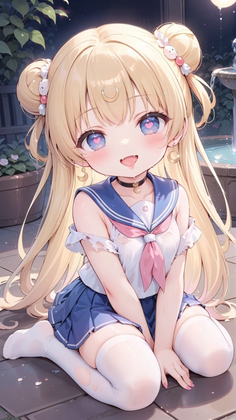 tsukino usagi,qanime,1girl,petite child(1.5),aged down,chibi,extremely delicate and beautiful girls,(exquisitely detailed skin),((very small breasts)),narrow waist,Delicate cute face,forehead mark,crescent at forehead,crescent earrings,blush sticker,blush,choker,serafuku,blue sailor collar,((blue skirt)),off shoulder,open clothes,torn dress,sabotaged clothes,torn clothes,broken clothes,torn shirt,Blue eyes,beautiful detailed eyes,Glowing eyes,((half-closed eyes,heart-shaped pupils)),((blonde hair)),((double bun,parted bangs,hair bun, hair ornament,head rest)),very long hair,Extremely delicate hair,Thin leg,white thighhighs,torn thighhighs,Fine fingers,steepled nail,(beautiful detailed hands),((kneeling,wariza,art shift,v arms)),ahegao(expression),smile,open mouth,tongue out,licking lips,drooling,fangs out,big fangs,puffy cheeks,beautiful detailed mouth,looking at viewer,semen in the mouth,semen on the hair,semen on the face,too many semen on the breasts,too many semen dripping from the body,blood on between legs,wet and messy,sweat,semen(ornament),garden,fountain,hyper realistic,magic,4k,incredible quality,best quality,masterpiece,highly detailed,extremely detailed CG,cinematic lighting,light particle,backlighting,full body,high definition,detail enhancement,(perfect hands, perfect anatomy),8k_wallpaper,extreme details,colorful