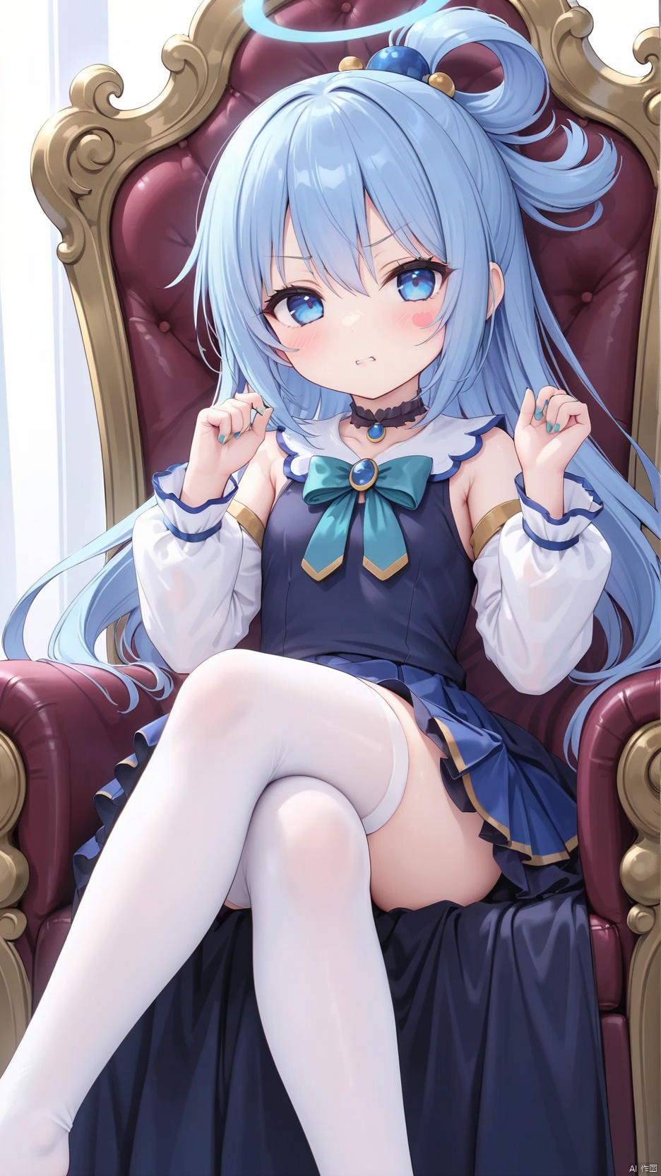 aqua (konosuba), aqua,1girl,petite child(1.5),aged down,extremely delicate and beautiful girls,Glowing Halo on head,(exquisitely detailed skin),narrow waist,Delicate cute face,blush sticker,blush,choker,princess dress,((blue skirt,ornate clothes)),glowing clothes,fine fabric emphasis,Blue eyes,beautiful detailed eyes,Glowing eyes,((half-closed eyes,tsurime)),((blue hair)),((high ponytail, hair rings,hair ornament)),very long hair,Extremely delicate hair,Thin leg,white thighhighs,Fine fingers,steepled nail,(beautiful detailed hands),((sitting on throne,crossed legs,raised fist)),gesugao(expression),jitome,raised eyebrow,scowl,v-shaped eyebrows,clenched teeth,puckered lips,looking down at viewer,puffy cheeks,beautiful detailed mouth,falling feathers(ornament),ornate throne,palace,hyper realistic,magic,4k,incredible quality,best quality,masterpiece,highly detailed,extremely detailed CG,cinematic lighting,backlighting,full body,high definition,detail enhancement,(perfect hands, perfect anatomy),8k_wallpaper,extreme details,colorful