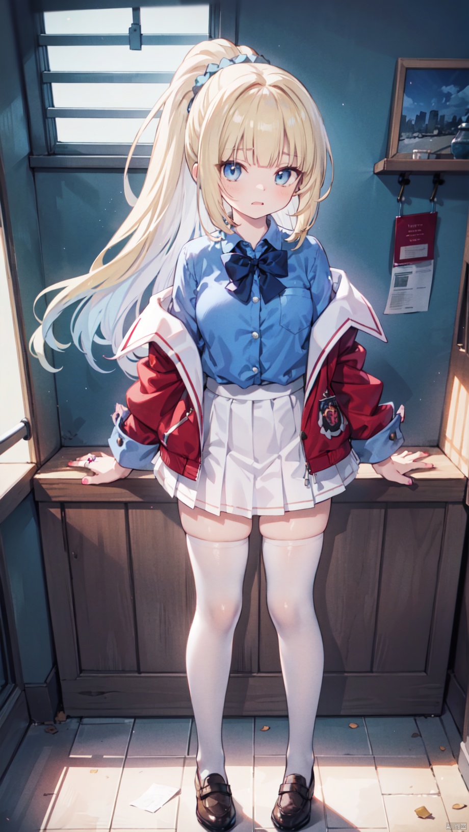 (cowboy shot,4349,4349,4349:1),kei karuizawa,loli,beautiful detailed girl,red school uniform jacket,open jacket,blue shirt,white skirt,fine fabric emphasis,ornate clothes,sabotaged clothes,torn clothes,broken clothes,torn shirt,off shoulder,narrow waist,beautiful breasts,Glowing skin,Delicate cute face,blue eyes eyes,beautiful detailed eyes,glowing eyes,((blonde hair)),((long hair,high ponytail,blue hair rings)),Glowing hair,Extremely delicate hair,Thin leg,white thighhighs,((beautiful detailed hands)),Slender fingers,pink nails,(standing,hands on own crotch),hungry(expression),wavy mouth,drooling,ruby(ornament),ruins,broken window,hyper realistic,magic,8k,incredible quality,best quality,masterpiece,highly detailed,extremely detailed CG,cinematic lighting,backlighting,full body,high definition,detail enhancement,(perfect hands, perfect anatomy),detail enhancement