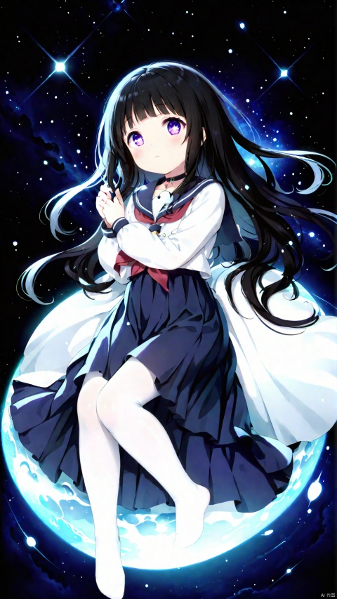  from above,kimi ni matsuwaru mystery,(Chitanda Eru),1girl,petite child(1.5),aged down,extremely delicate and beautiful girls,(exquisitely detailed skin),narrow waist,Delicate cute face,blush sticker,blush,choker,kamiyama high school uniform,dark blue sailor collar,(dark blue skirt,ornate clothes),glowing wings,transparent wings,purple eyes,beautiful detailed eyes,Glowing eyes,((star-shaped pupils,half-closed eyes)),((black hair)),((straight hair,hair spread out)),very long hair,Extremely delicate hair,Thin leg,white thighhighs,no shoes,Fine fingers,steepled nail,(beautiful detailed hands),((lying,on side)),sleepy(expression),troubled eyebrows,puffy cheeks,beautiful detailed mouth,looking up at viewer,constellation(ornament),milky way,meteor shower,starry sky,hyper realistic,magic,4k,incredible quality,best quality,masterpiece,highly detailed,extremely detailed CG,cinematic lighting,light particle,backlighting,full body,high definition,detail enhancement,(perfect hands, perfect anatomy),8k_wallpaper,extreme details,colorful, star, Spirit Fox Pendant, Universe Sky Theme