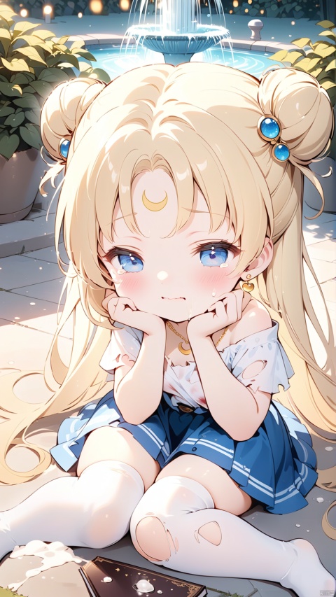 tsukino usagi,qanime,1girl,petite child(1.5),aged down,chibi,extremely delicate and beautiful girls,(exquisitely detailed skin),((very small breasts)),narrow waist,Delicate cute face,forehead mark,crescent at forehead,crescent earrings,blush sticker,blush,choker,casual,blue sailor collar,((blue skirt)),off shoulder,open clothes,torn dress,sabotaged clothes,torn clothes,broken clothes,torn shirt,Blue eyes,beautiful detailed eyes,Glowing eyes,((half-closed eyes,tsurime)),((blonde hair)),((double bun,parted bangs,hair bun, hair ornament,head rest)),very long hair,Extremely delicate hair,Thin leg,white thighhighs,torn thighhighs,Fine fingers,steepled nail,(beautiful detailed hands),((Holding the open book)),shy(expression),looking to the side,teardrop on the face,Tears on the chin,wavy mouth,beautiful detailed mouth,semen on the chin,semen on the hair,semen on the face,too many semen on the breasts,too many semen dripping from the body,blood on between legs,Golden Star(ornament),garden,fountain,gold chain necklace,hyper realistic,magic,4k,incredible quality,best quality,masterpiece,highly detailed,extremely detailed CG,cinematic lighting,light particle,backlighting,full body,high definition,detail enhancement,(perfect hands, perfect anatomy),8k_wallpaper,extreme details,colorful