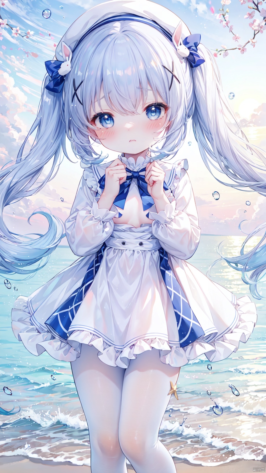  kafuu_chino,1girl,petite child(1.5),aged down,extremely delicate and beautiful girls,narrow waist,((very small breasts)),Glowing skin,Delicate cute face,blush sticker,blush,white beret,enmaided,puffy long sleeves,blue dress,white shirt,blue bow,fine fabric emphasis,ornate clothes,blue eyes,beautiful detailed eyes,Glowing eyes,((tsurime)),((Silver blue hair)),((twintails,x hair ornament)),very long hair,Glowing hair,Extremely delicate hair,Thin leg,white pantyhose,Slender fingers,steepled fingers,beautiful detailed hands,((Holding a big white rabbit)),tearful(expression),teardrop on the face,Tears on the chin,wavy mouth,drooling,humiliation,puffy cheeks,beautiful detailed mouth,looking at viewer,stuffed bunny(ornament),shore,beach,sunset,hyper realistic,magic,4k,incredible quality,best quality,masterpiece,highly detailed,extremely detailed CG,cinematic lighting,backlighting,undercut,high definition,detail enhancement,(perfect hands, perfect anatomy),8k_wallpaper,colorful, kafuu_chino, loli, mirrornun, shuiwa