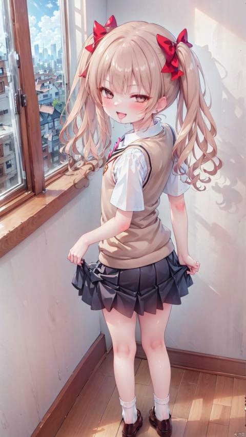 shirai kuroko,beautiful detailed girl,Delicate cute face,(tokiwadai school uniform),sweater vest,White shirt,armband,ornate clothes,fine fabric emphasis,brown eyes,beautiful detailed eyes,Glowing eyes,((raised eyebrow,tsurime,half-closed eyes)),((brown hair)),((twintails,hair bow)),very long shoulder,glowing hair,Extremely delicate hair,Thin leg,white loose socks,black footwear,Slender fingers,steepled fingers,shiny nails,((standing,skirt lift)), jewelry evil grin(expression),Evil smile,looking back at viewer,open mouth,tongue out,licking lips,drooling,heavy breathing,fangs out,big fangs,puffy cheeks,beautiful detailed mouth,heart(ornament),ruins,broken window,hyper realistic,magic,4k,incredible quality,best quality,masterpiece,highly detailed,extremely detailed CG,cinematic lighting,light particle,backlighting,full body,high definition,detail enhancement,(perfect hands, perfect anatomy),8k_wallpaper,extreme details,colorful
