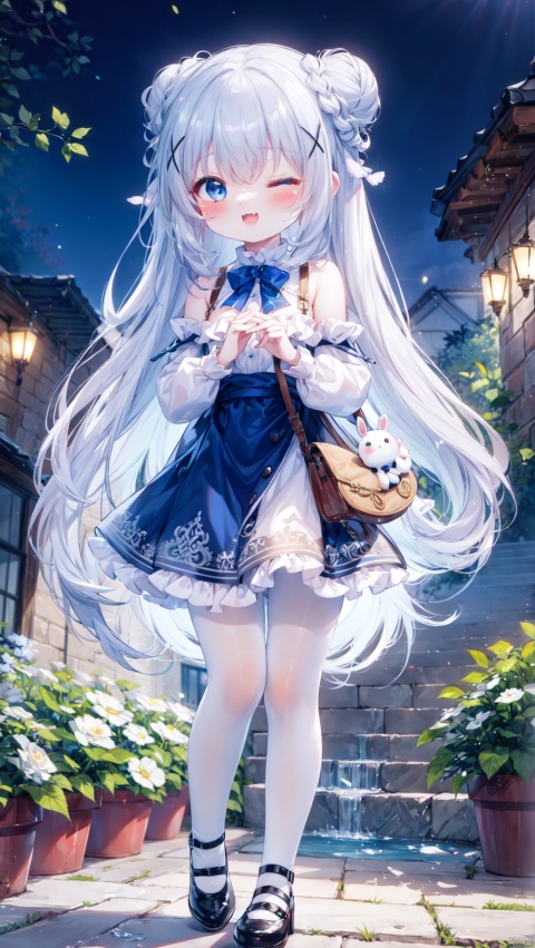  kafuu_chino,1girl,petite child(1.5),aged down,extremely delicate and beautiful girls,narrow waist,((very small breasts)),Glowing skin,Delicate cute face,blush sticker,blush,enmaided,puffy long sleeves,blue dress,white shirt,blue bow,rabbit shoulder bag,fine fabric emphasis,ornate clothes,blue eyes,beautiful detailed eyes,Glowing eyes,(one eye closed),((tsurime)),((Silver blue hair)),((braided bun,x hair ornament)),very long hair,Glowing hair,Extremely delicate hair,Thin leg,white pantyhose,Slender fingers,steepled fingers,beautiful detailed hands,mischievous smile(expression),standing,hands next face,v arms,looking down at viewer,:3,puffy cheeks,open mouth,tongue out,fangs out,beautiful detailed mouth,stuffed bunny(ornament),garden,fountain,hyper realistic,magic,8k,incredible quality,best quality,masterpiece,highly detailed,extremely detailed CG,cinematic lighting,backlighting,full body,high definition,detail enhancement,(perfect hands, perfect anatomy),8k_wallpaper,colorful
