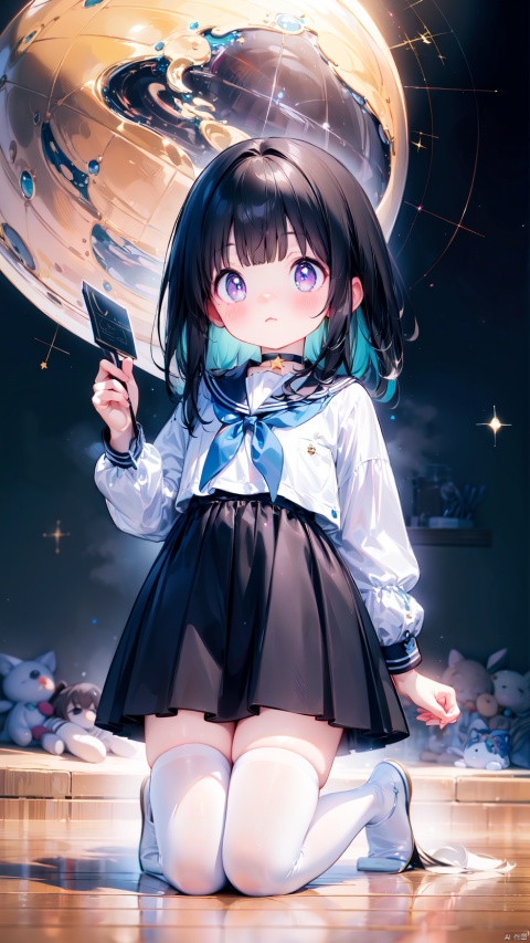  kimi ni matsuwaru mystery,(Chitanda Eru),1girl,petite child(1.5),aged down,extremely delicate and beautiful girls,(exquisitely detailed skin),narrow waist,Delicate cute face,blush sticker,blush,choker,kamiyama high school uniform,dark blue sailor collar,(dark blue skirt,ornate clothes),partially undressed,purple eyes,beautiful detailed eyes,Glowing eyes,((star-shaped pupils,half-closed eyes)),((black hair)),((straight hair,hair spread out)),very long hair,Extremely delicate hair,Thin leg,white thighhighs,no shoes,Fine fingers,steepled nail,(beautiful detailed hands),((kneeling,holding celestial globe)),sleepy(expression),troubled eyebrows,wavy mouth,puffy cheeks,beautiful detailed mouth,looking up at viewer,constellation(ornament),ornate celestial globe,meteor shower,starry sky,hyper realistic,magic,4k,incredible quality,best quality,masterpiece,highly detailed,extremely detailed CG,cinematic lighting,light particle,backlighting,full body,high definition,detail enhancement,(perfect hands, perfect anatomy),8k_wallpaper,extreme details,colorful