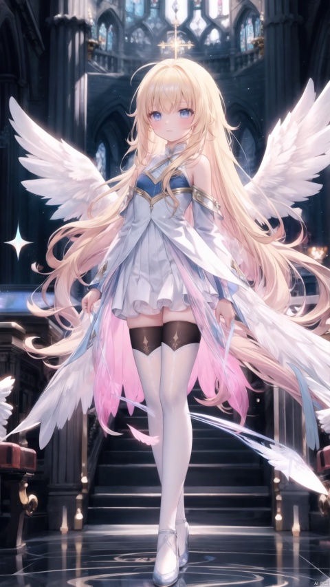 gabriel tenma white,angel,1girl,solo,beautiful detailed girl,Glowing Halo on head,angel wings,angel costume,fine fabric emphasis,ornate clothes,Glowing clothes,narrow waist,very small breasts,Glowing skin,Delicate cute face,Grey blue eyes,beautiful detailed eyes,sparkling eyes,((blonde hair)),((very long hair,stray hair)),ahoge,Glowing hair,Extremely delicate hair,Thin leg,white thighhighs,((beautiful detailed hands)),Slender fingers,pink nails,(standing,hands on own crotch), naughty_face(expression),:3,Glowing feather(ornament),church,Marble Pillar,hyper realistic,magic,8k,incredible quality,best quality,masterpiece,highly detailed,extremely detailed CG,cinematic lighting,backlighting,full body,high definition,detail enhancement,(perfect hands, perfect anatomy),detail enhancement,